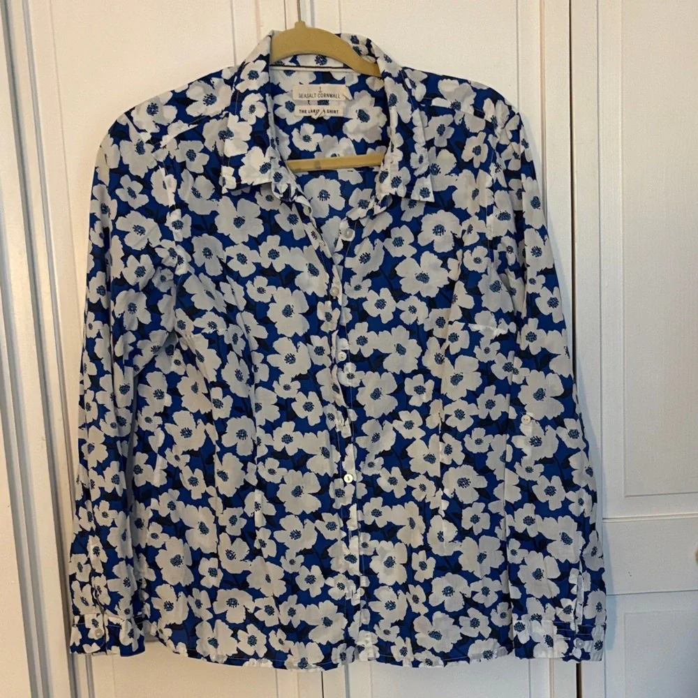 Blue & White Floral Button-Front Blouse, the Larissa Shirt - Picture 1 of 2